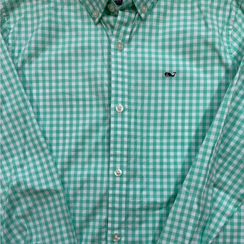 Vineyard Vines Boys Gingham Checked Whale Button Down Green/white Size Large - Picture 4 of 5